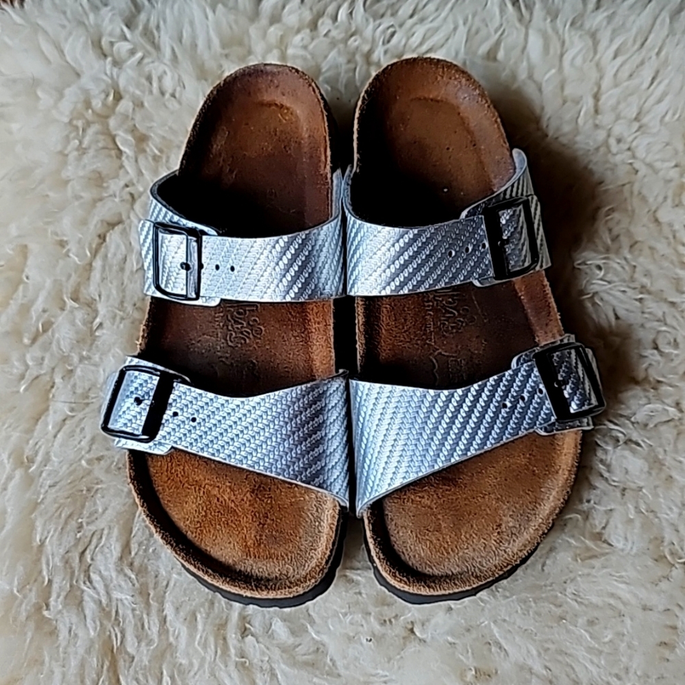 Silver two strap Birki's by Birkenstock size 37 vegan